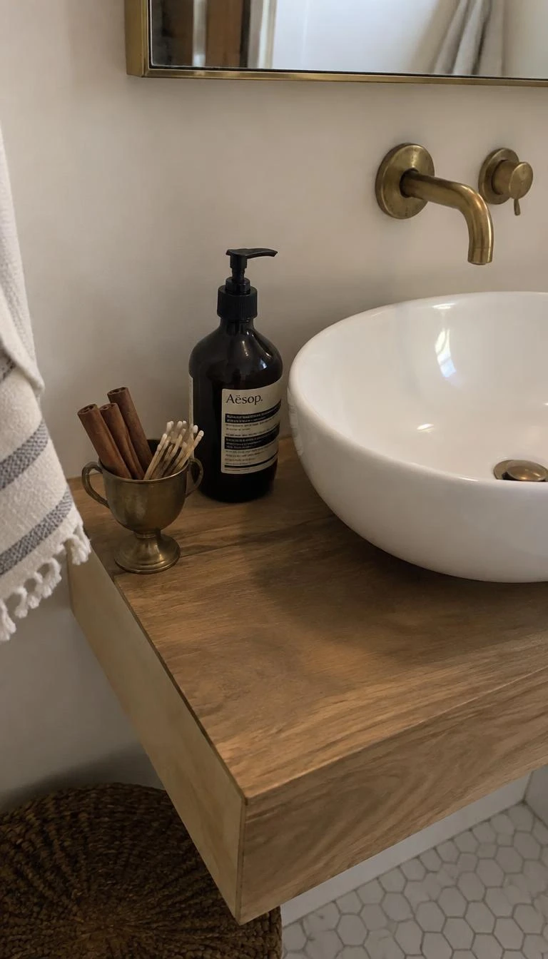 Place Cinnamon Sticks in a Small Brass Match Striker A candid, realistic iPhone photograph of a floating vanity counter, displaying a small vintage unlacquered brass cup filled with whole cinnamon sticks and wooden matchsticks beside a white ceramic hand wash dish.