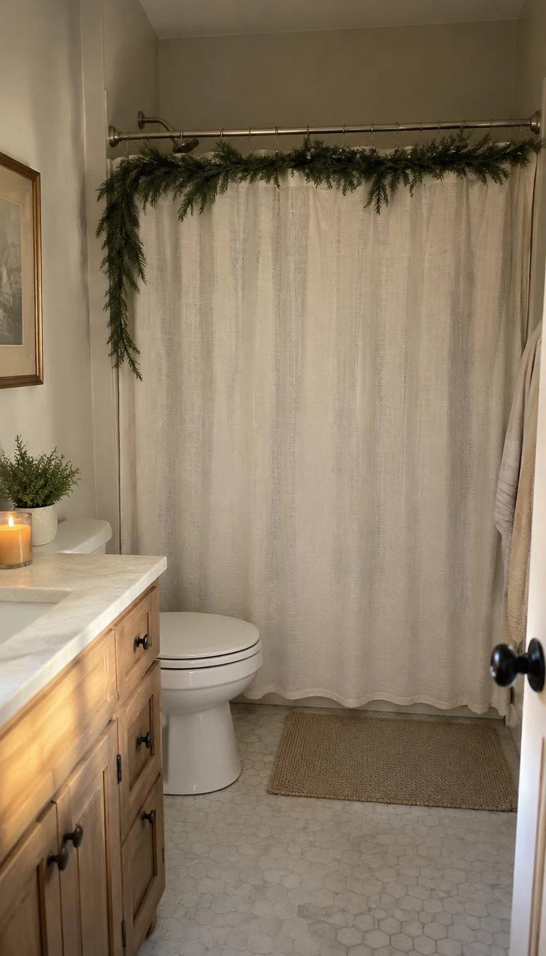 Drape Thin Cypress Garland Across the Shower Curtain Rod A candid, realistic iPhone photograph of a cozy guest bathroom, featuring a slender real cypress garland wrapped along a brushed nickel shower curtain rod above a textured cream cotton shower curtain, soft ambient morning illumination.