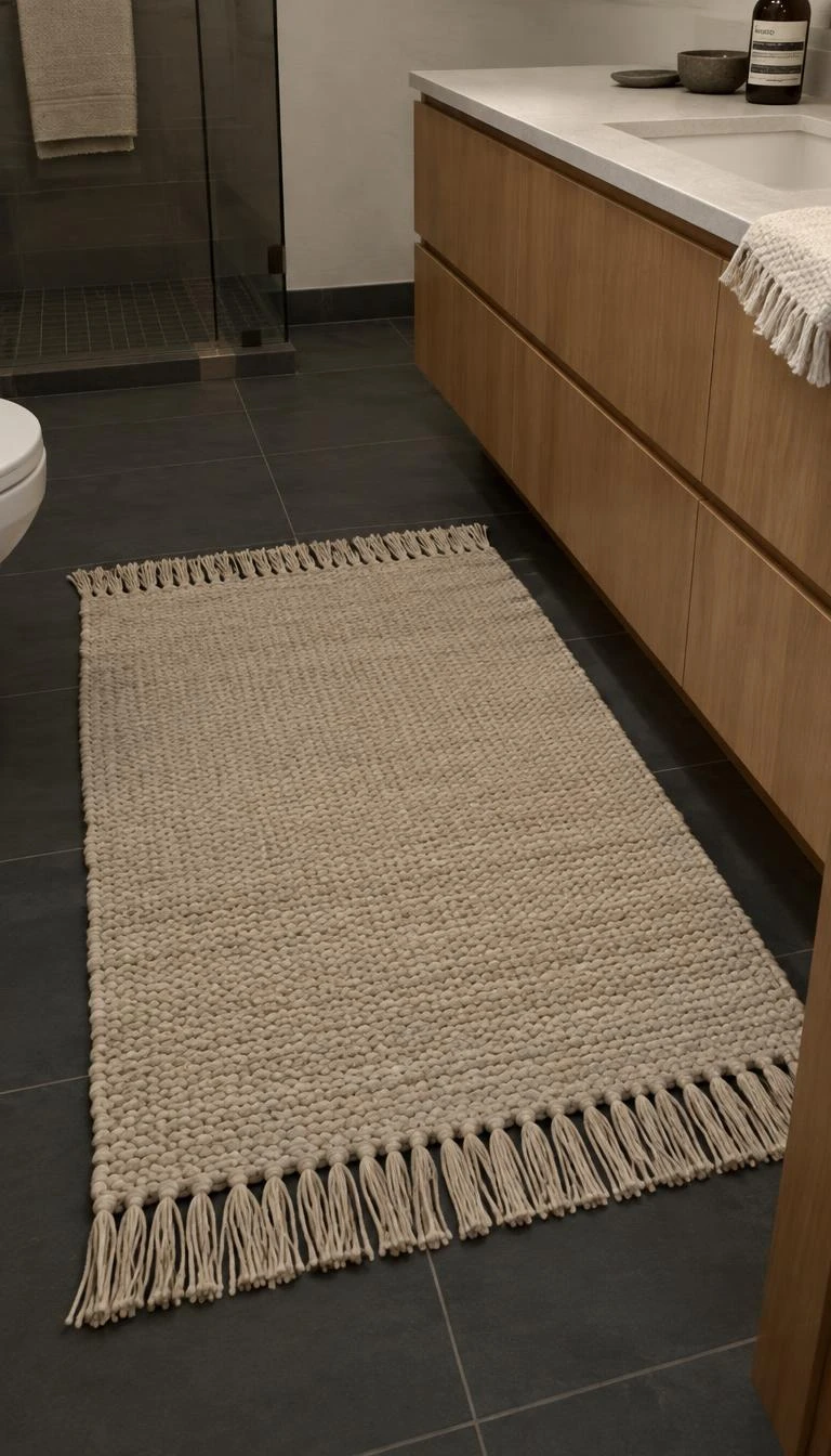 Switch Bath Mats to a Heavy Cotton Flatweave in Oat A candid, realistic iPhone photograph of a bathroom floor, showing a heavy woven cotton flatweave rug in warm oat color with fringe sitting neatly on dark slate floor tiles before a vanity cabinet.