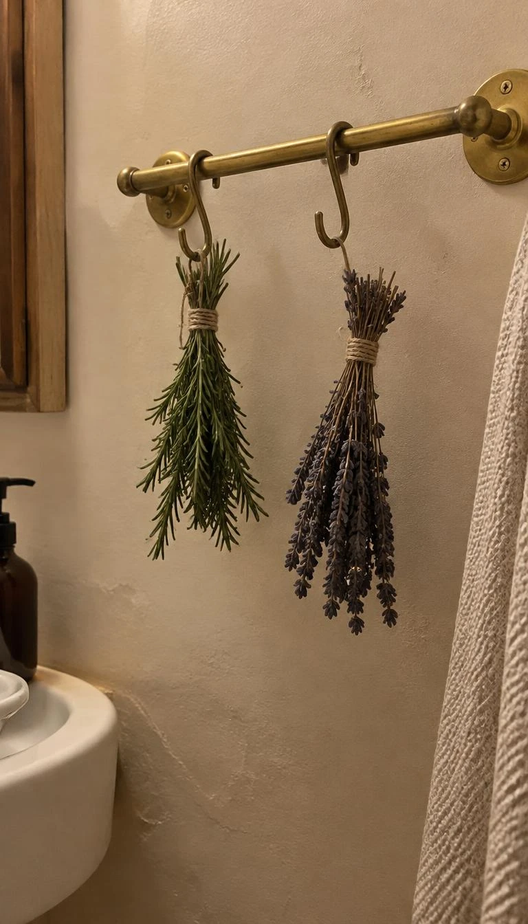 Hang Brass Hooks with Dried Herb Bundles on Towel Bars A candid, realistic iPhone photograph of a bathroom wall, showing two unlacquered brass hooks holding small bundles of dried rosemary and lavender hung from a simple brass towel rod against plaster walls.