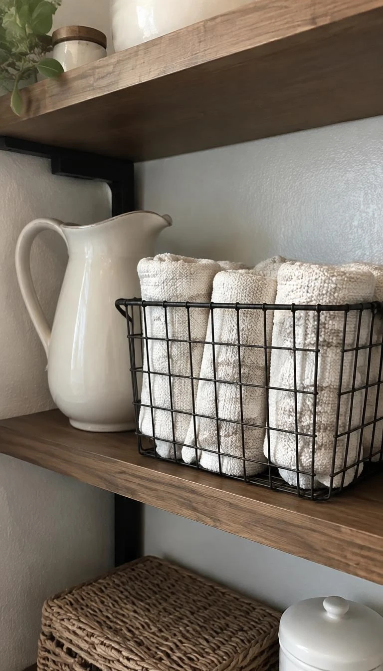 Stack Rolled Cream Washcloths in a Wire Basket A candid, realistic iPhone photograph of a bathroom shelving unit, showing a dark iron wire basket filled with neatly rolled cream textured washcloths resting beside a ceramic pitcher on a wooden shelf.