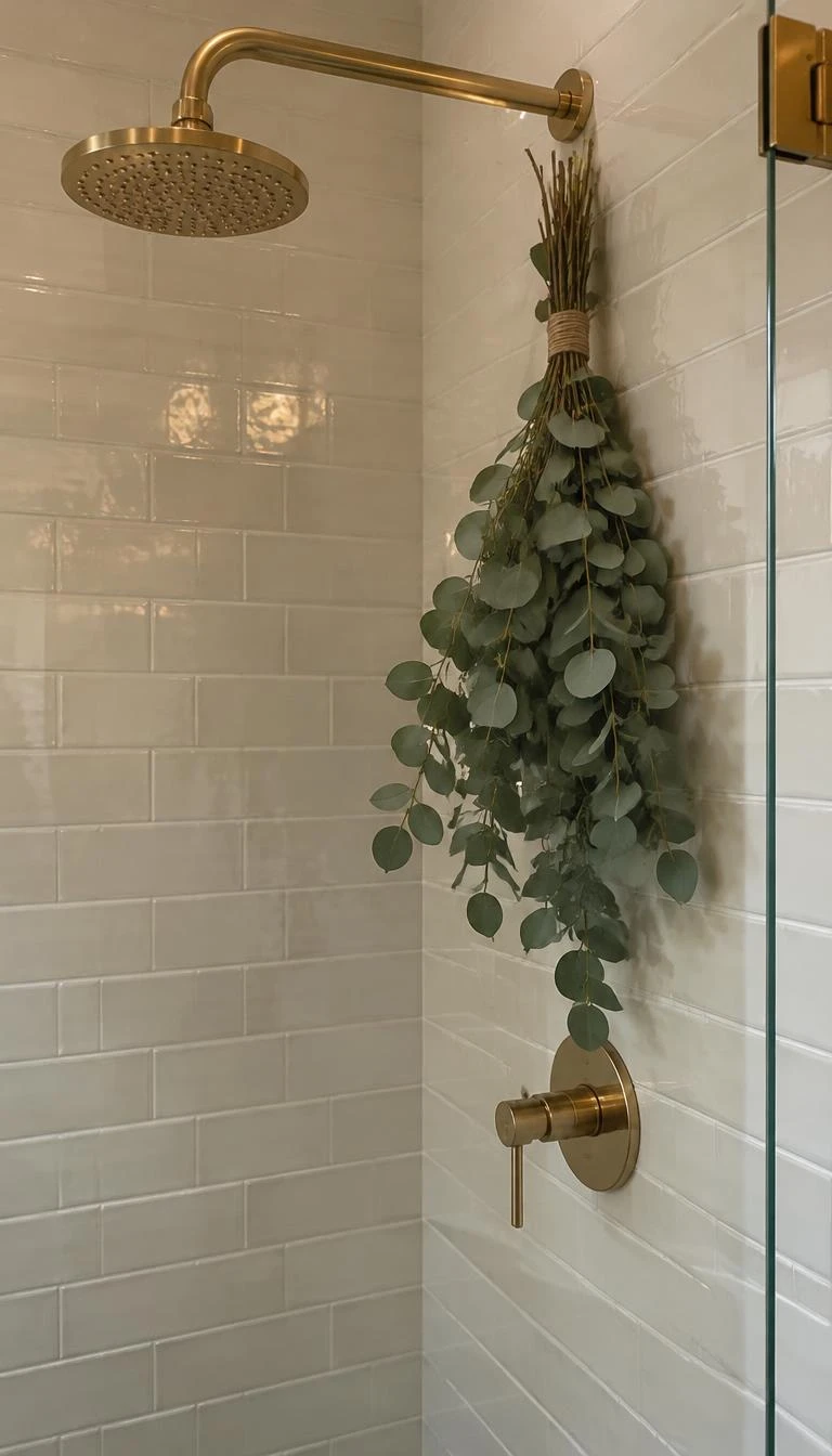 Tuck Sprigs of Eucalyptus Behind the Shower Head A candid, realistic iPhone photograph of a shower enclosure, showing fresh green silver dollar eucalyptus branches bound with twine behind a polished brass shower fixture against glossy cream subway tile.