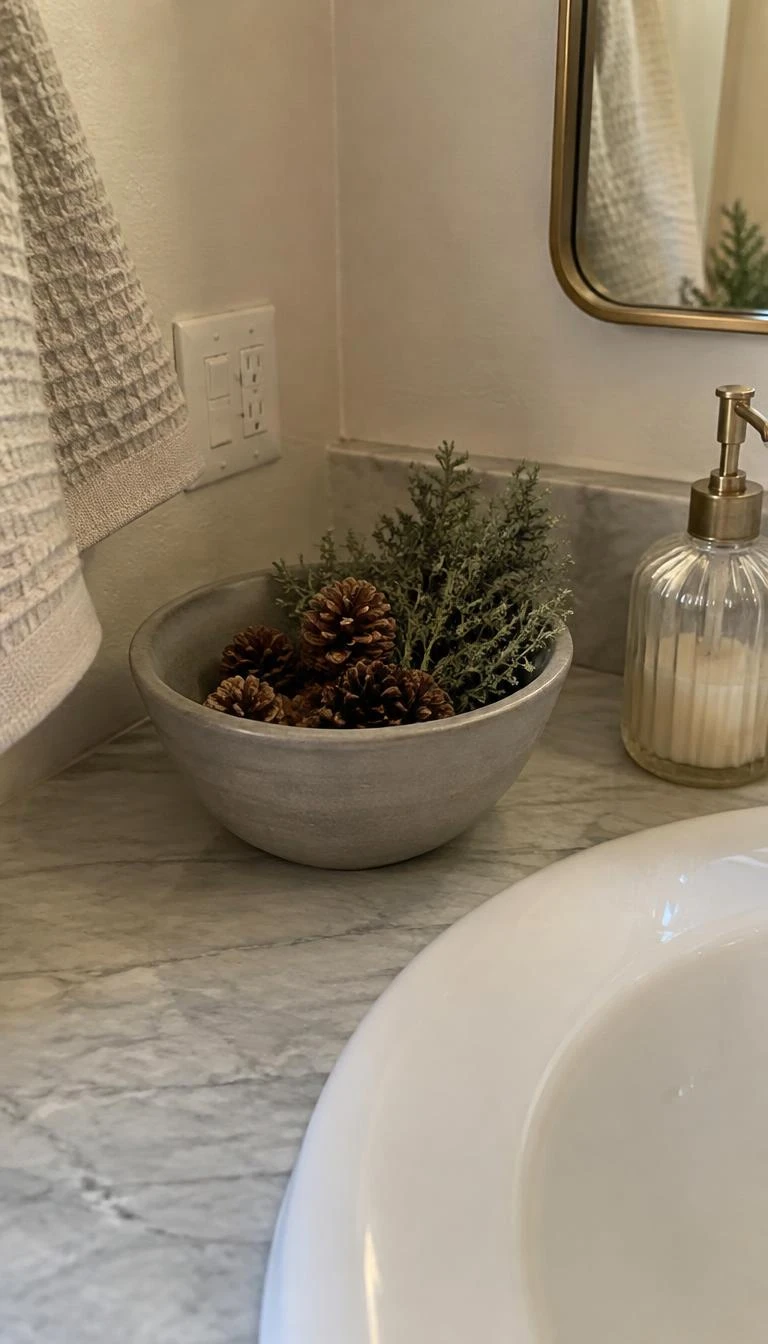 Place a Low Stoneware Bowl with Pinecones on the Counter A candid, realistic iPhone photograph of a bathroom countertop corner, featuring an unglazed gray stoneware bowl filled with small natural pinecones and dried juniper sprigs sitting beside a porcelain sink under warm morning light.