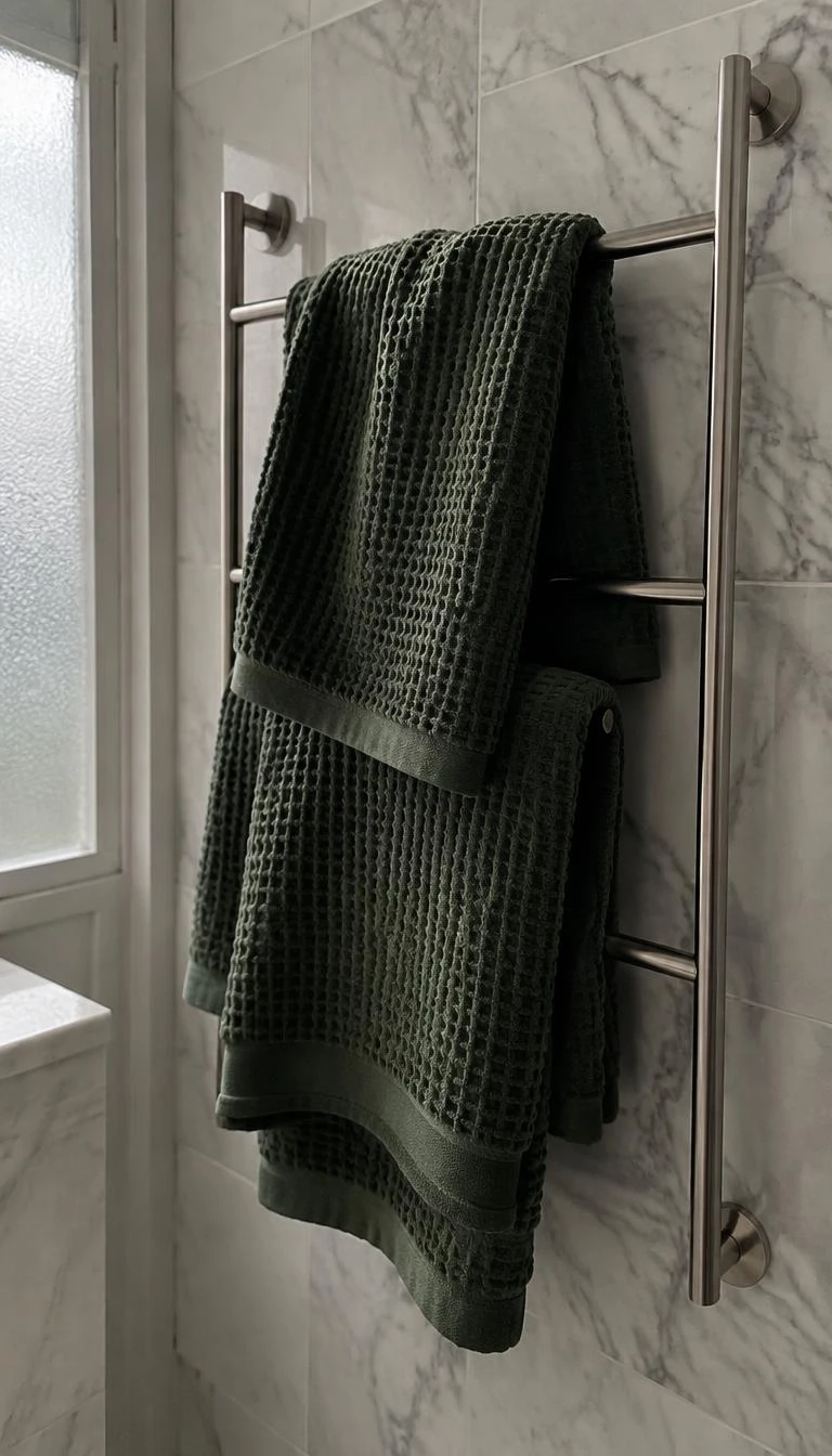 Swap Daily Hand Towels for Waffle Linen in Forest Green A candid, realistic iPhone photograph of a modern bathroom towel rail, displaying rich forest green waffle linen towels hanging neatly folded beside a clean marble wall, soft diffused daylight coming through a nearby frosted window.