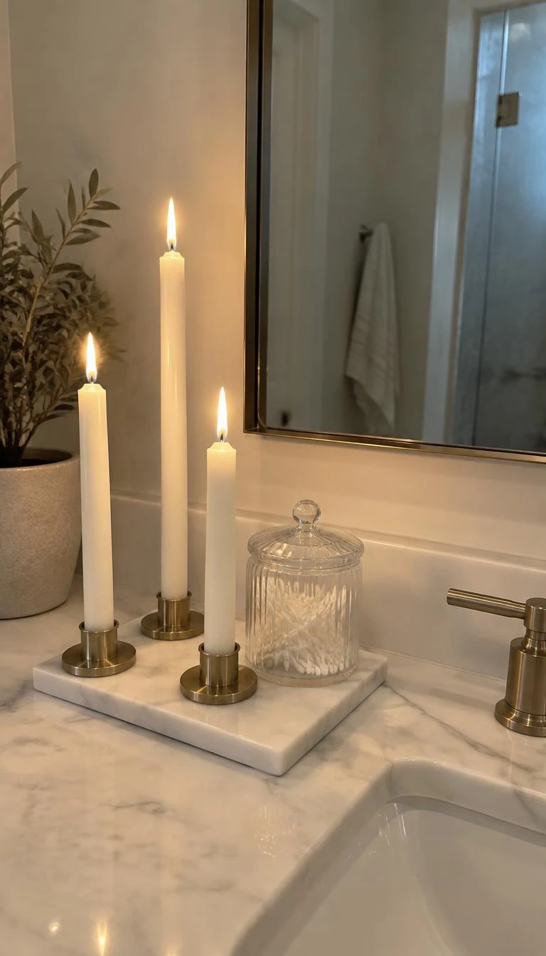 Group Unscented White Taper Candles on a Marble Tray A candid, realistic iPhone photograph of a serene master bathroom counter, showing three plain white taper candles of varying heights in small brass holders resting on a rectangular white marble tray next to a clear glass jar.