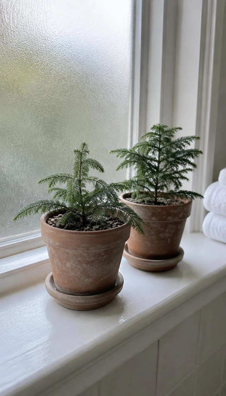 Line Windowsills with Tiny Potted Norfolk Island Pines A candid, realistic iPhone photograph of a bright bathroom windowsill, showing two tiny Norfolk Island pine plants in simple aged terracotta pots resting on the painted white wood sill beside frosted glass.