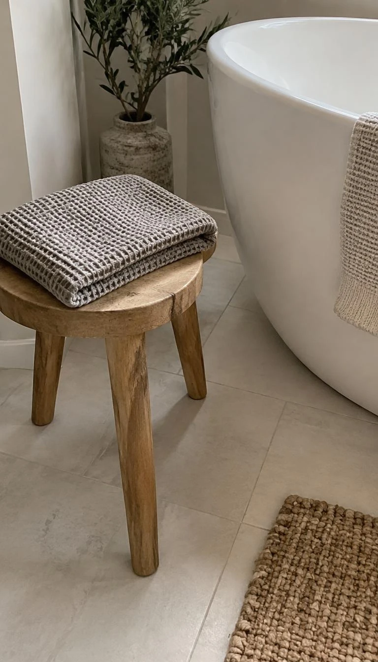 Place a Minimal Wooden Stool Beside the Freestanding Tub A candid, realistic iPhone photograph of a bathroom corner, showing a raw light teak three legged stool holding a neatly folded gray waffle towel beside an oval freestanding soaking tub on light tile.