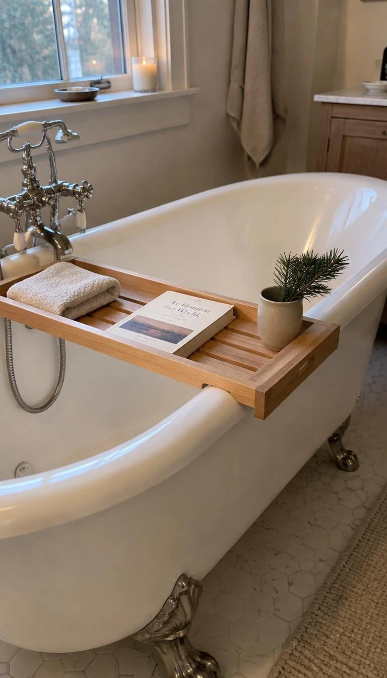 Rest a Simple Wooden Bath Caddy Over the Tub A candid, realistic iPhone photograph of a clawfoot soaking bathtub, featuring a natural light oak bath caddy resting across the porcelain rim with a folded washcloth, a book, and a small pine sprig in a cup.