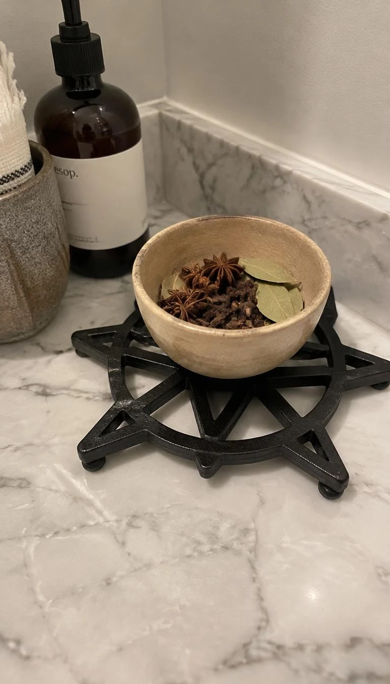 Display a Heavy Cast Iron Trivet for Winter Potpourri A candid, realistic iPhone photograph of a bathroom counter corner, showing a black cast iron star trivet holding an unglazed ceramic bowl with star anise, cloves, and bay leaves on white marble.