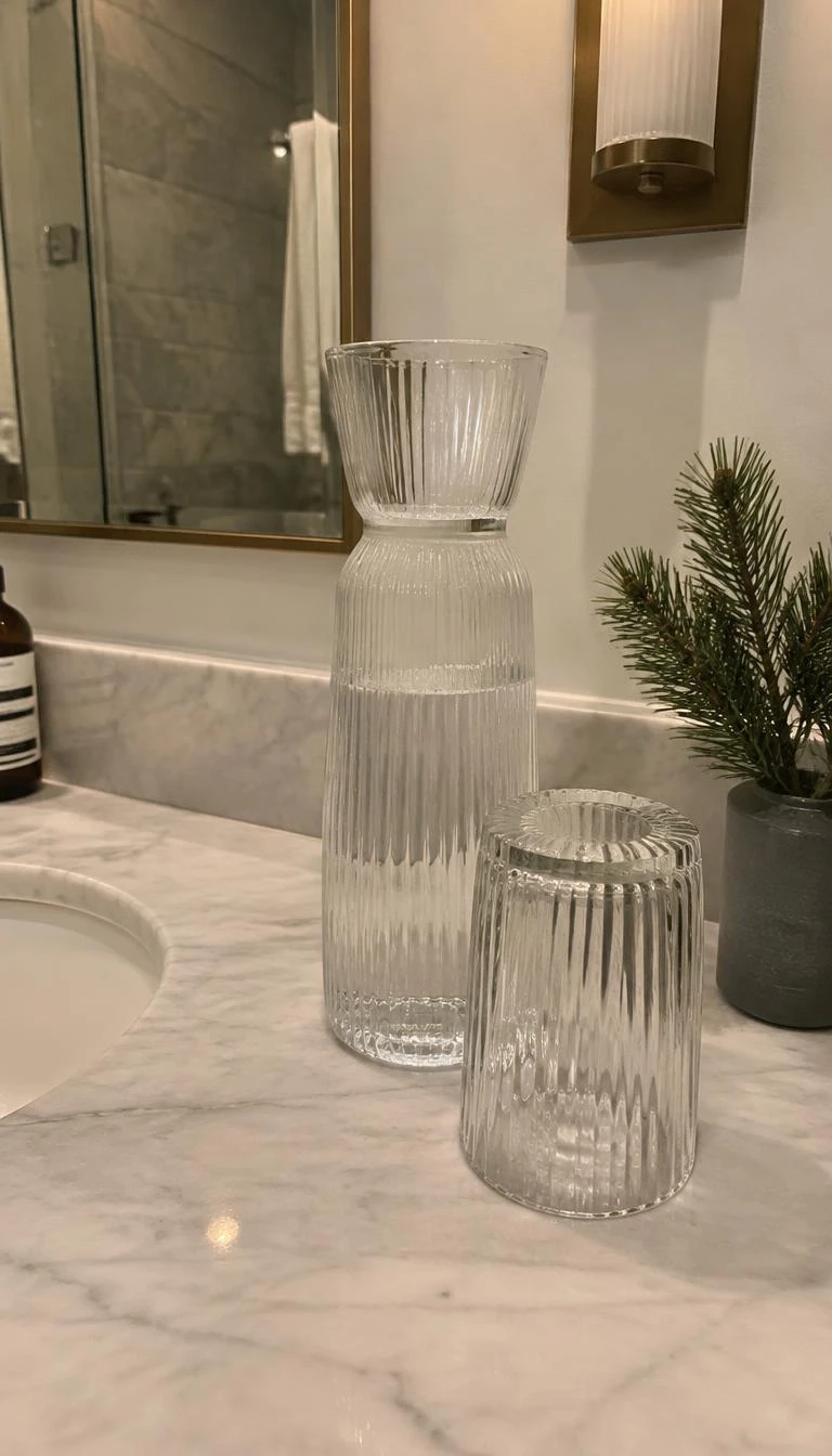 Set a Fluted Glass Carafe with Water on the Vanity A candid, realistic iPhone photograph of a bathroom vanity tabletop, featuring an elegant fluted clear glass water carafe with a matching drinking glass resting inverted on its rim beside a small pine branch.