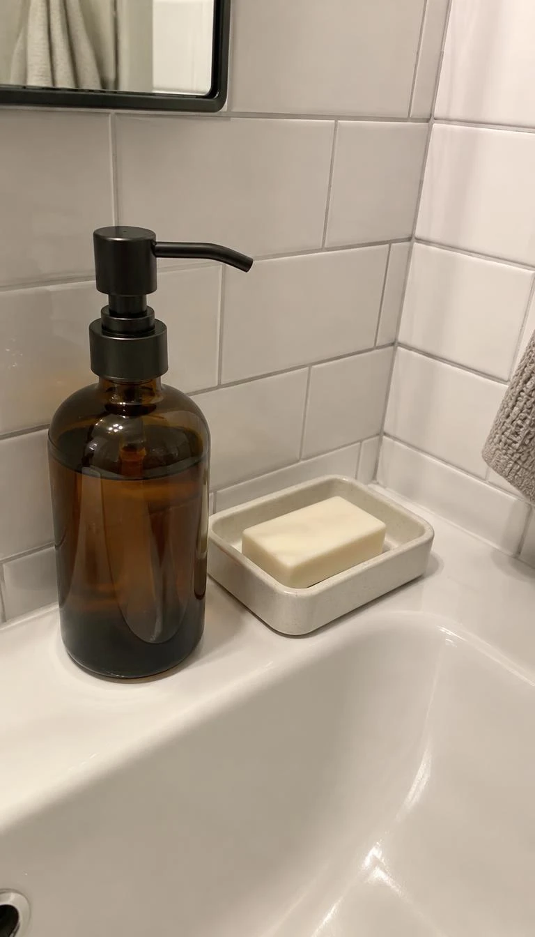 Fill an Amber Glass Soap Dispenser with Winter Pine Wash A candid, realistic iPhone photograph of a minimalist bathroom sink ledge, showing an amber glass soap pump bottle with a black metal top sitting neatly beside a neat ceramic soap dish on white subway tile.