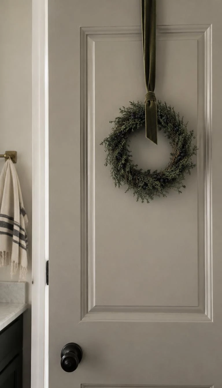 Hang a Single Juniper Wreath with Olive Velvet Ribbon A candid, realistic iPhone photograph of a bathroom door interior, featuring a small delicate juniper berry wreath suspended by a muted olive velvet ribbon against a painted warm gray panel door in soft morning light.