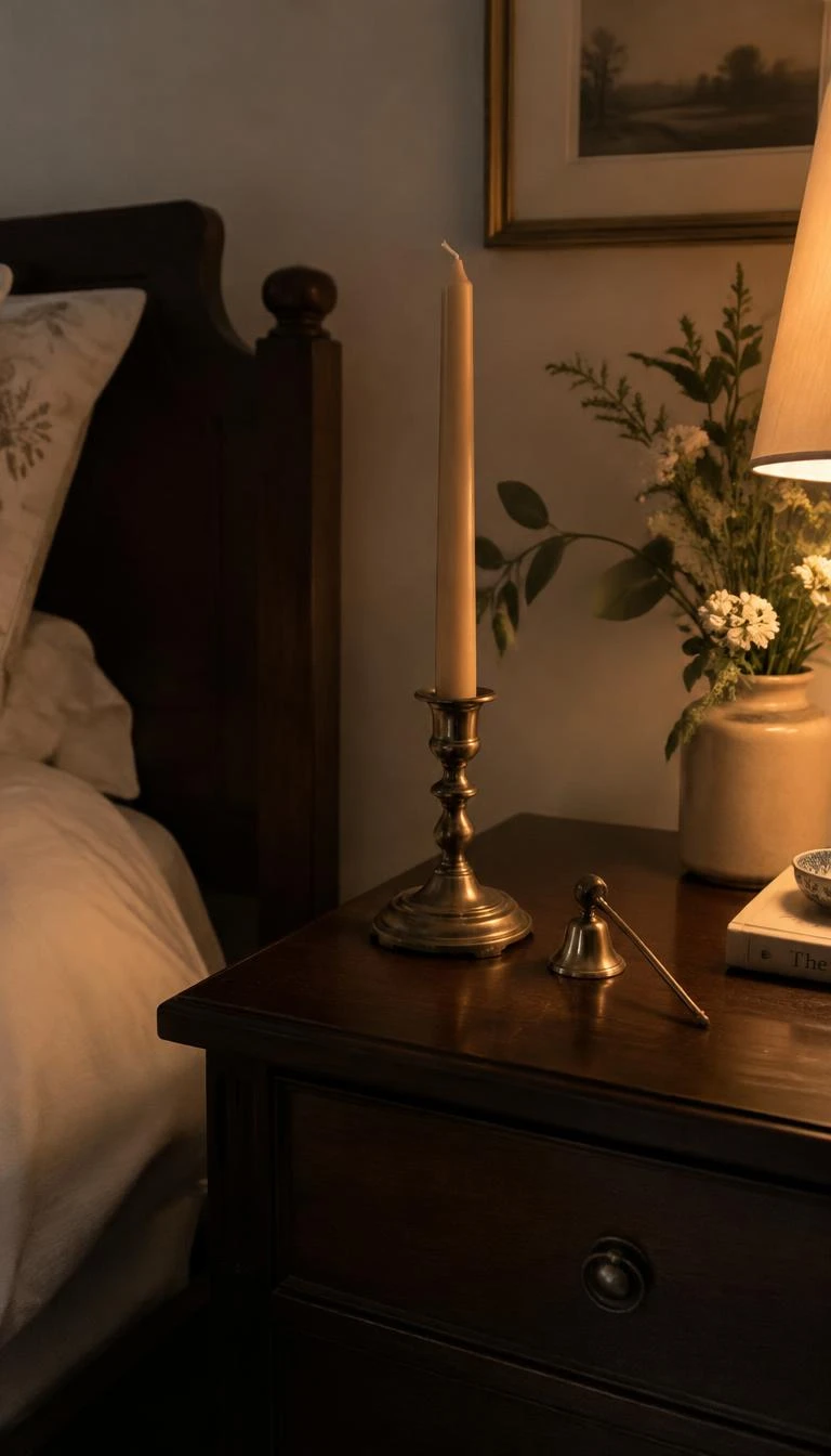 A candid, realistic iPhone photograph of a bedroom, showing an antiqued brass candlestick holder with a beeswax taper candle on a dark wood nightstand, a small brass snuffer beside it, gentle warm ambient evening room glow.