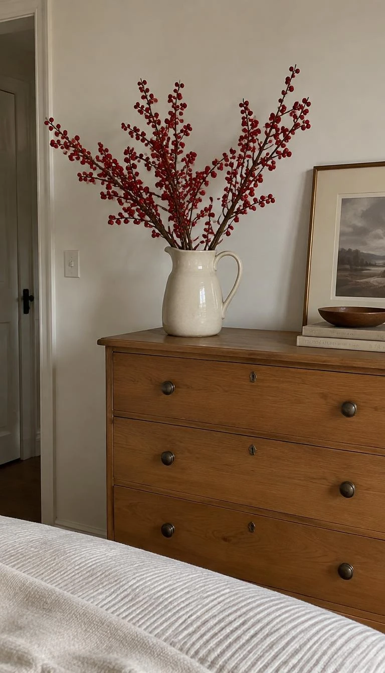 A candid, realistic iPhone photograph of a bedroom, showing an off white stoneware pitcher filled with three tall fresh winterberry branches heavy with red berries, resting on an oak chest of drawers against a chalky wall.