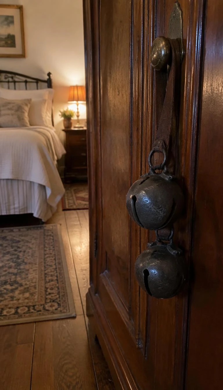A candid, realistic iPhone photograph of a bedroom, showing a pair of weathered black iron sleigh bells hanging from a thick leather strap on an antique armoire door knob, soft warm bedroom lighting.