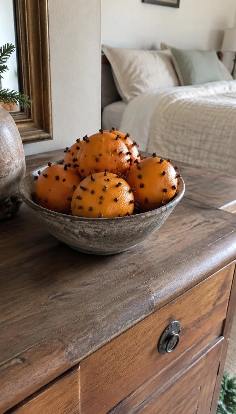 A candid, realistic iPhone photograph of a bedroom, showing a shallow raw stoneware bowl filled with five fresh oranges studded with whole cloves, soft diffuse daylight hitting the textured fruit rinds on a rustic wooden dresser.