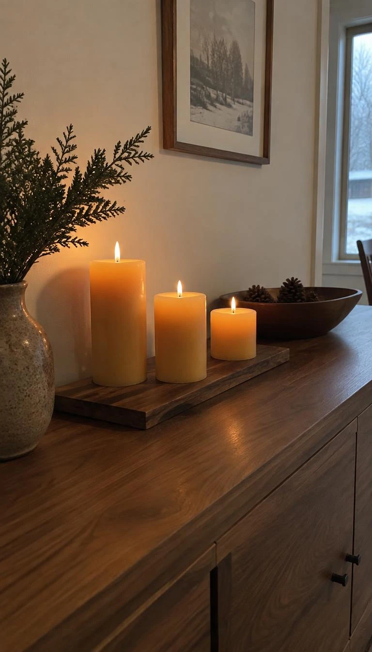Pair Beeswax Pillars with Raw Walnut Boards A candid, realistic iPhone photograph of a dining room sideboard, showing three golden beeswax pillar candles resting on an unfinished dark walnut wooden board, soft warm light, natural grain textures, winter afternoon atmosphere indoors.