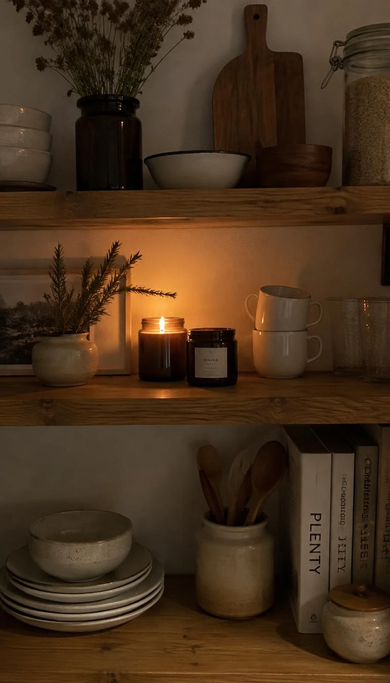Arrange Amber Glass Jars on Open Kitchen Shelves A candid, realistic iPhone photograph of open oak kitchen shelving, displaying amber glass candle jars beside white ceramic cups and dried herbs, warm low level lighting, quiet winter domestic scene.