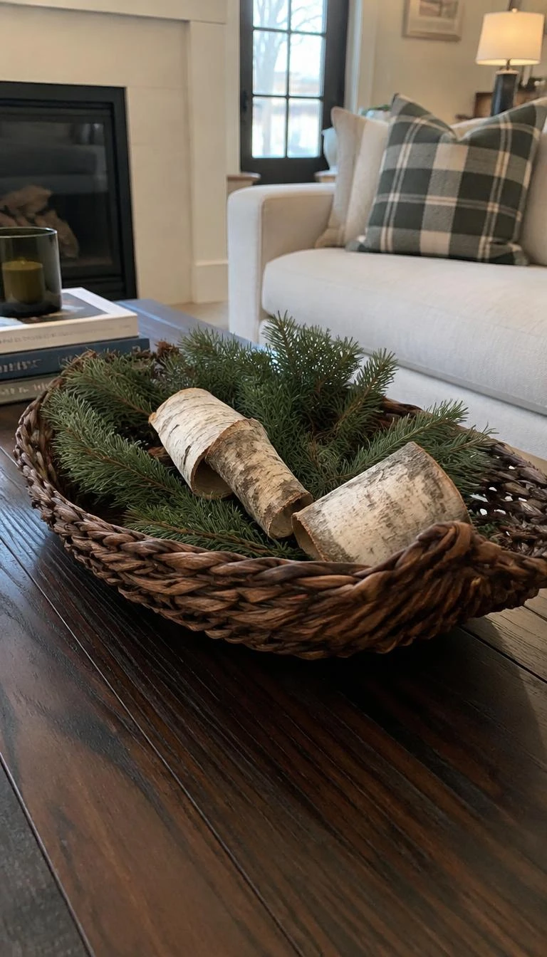 Use a Woven Chestnut Basket to Gather Winter Botanicals A candid, realistic iPhone photograph of a coffee table featuring a low woven split chestnut basket holding fragrant balsam fir trimmings and white birch bark curls in an inviting room.