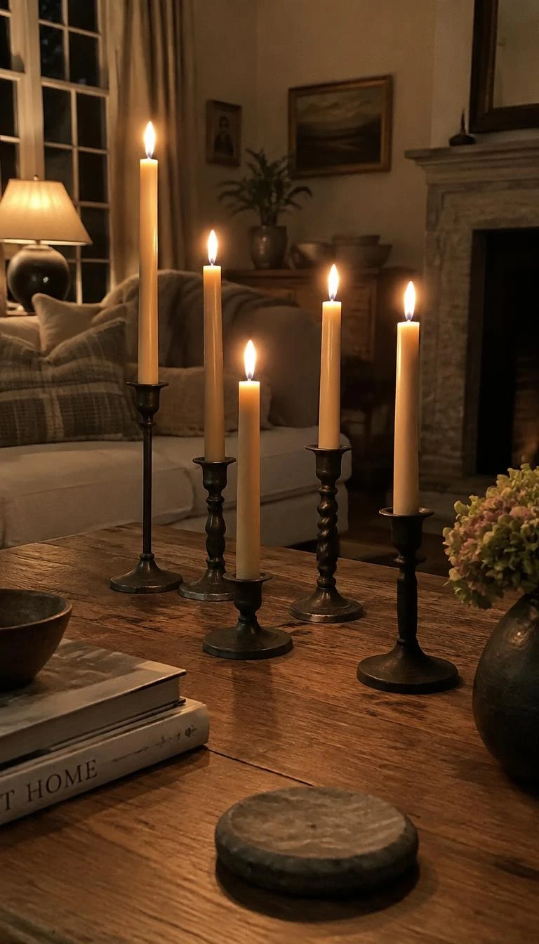 Arrange Slender Taper Candles in Assorted Cast Iron Holders A candid, realistic iPhone photograph of a coffee table holding five dark cast iron candleholders of different shapes with slender beeswax tapers, glowing softly in an evening living room setting with cozy lamplight.
