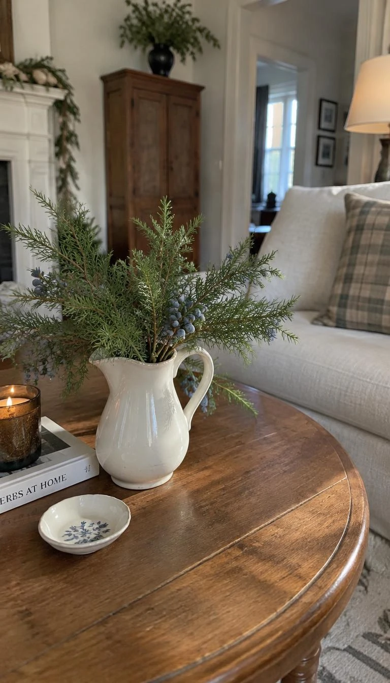 Balance Asymmetrical Juniper Clippings in an Ironstone Pitcher A candid, realistic iPhone photograph of a coffee table with a small antique white ironstone pitcher holding fresh juniper branches with pale blue berries, sitting on a round wooden table in soft morning light.