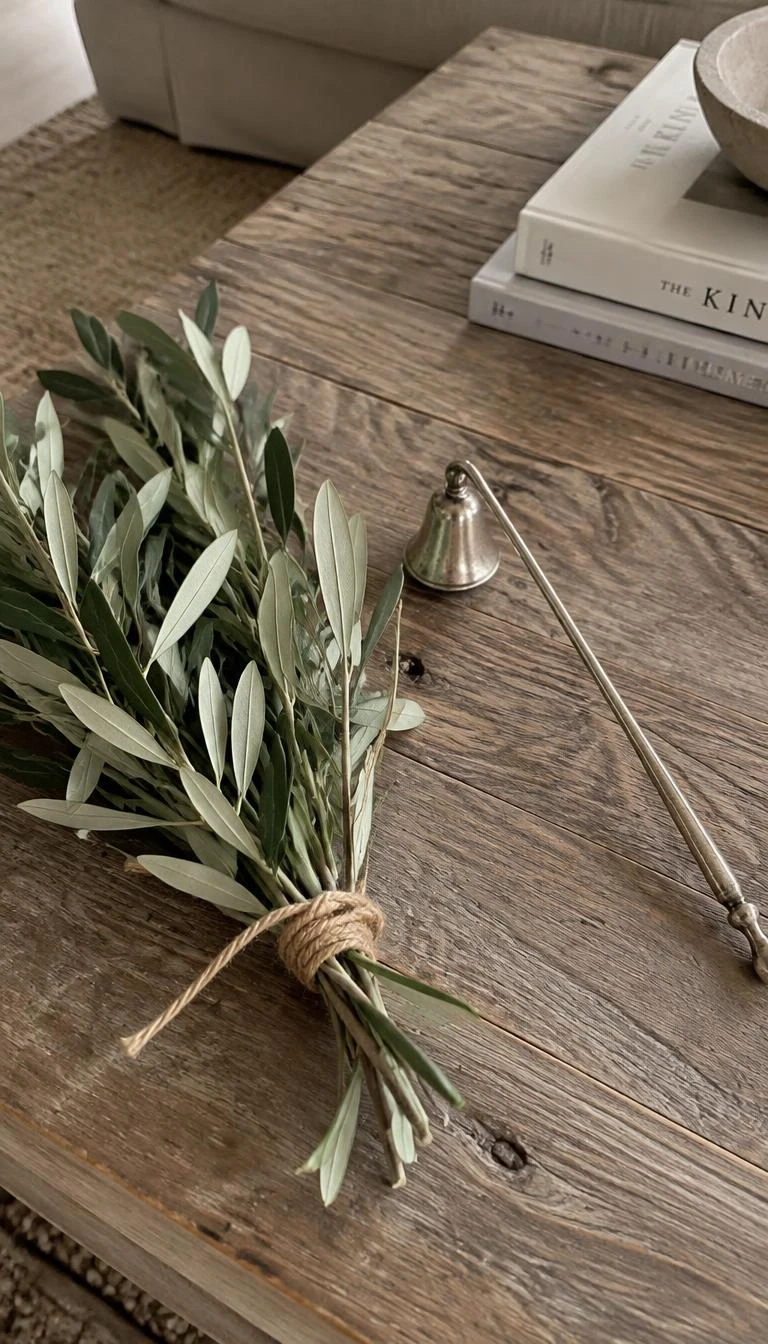 Combine Olive Foliage with Antiqued Silver Candle Snuffers A candid, realistic iPhone photograph of a coffee table displaying silvery green olive branches tied with thin jute twine beside an aged silver candle snuffer on a reclaimed wood table.