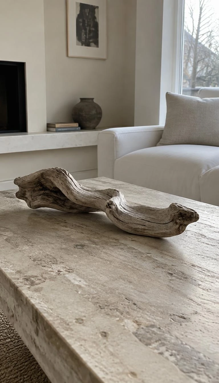 Let a Single Sculptural Driftwood Root Stand Alone A candid, realistic iPhone photograph of a coffee table in a minimalist living room featuring a single gnarled piece of weathered driftwood resting cleanly on a pale travertine surface in soft winter light.