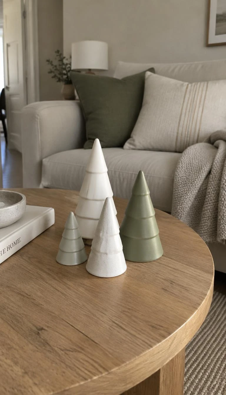 Cluster Matte Ceramic Trees at Varied Heights A candid, realistic iPhone photograph of a coffee table with a small collection of four chalky white and soft sage ceramic cone trees arranged loosely on a round wooden tabletop beside a linen sofa.
