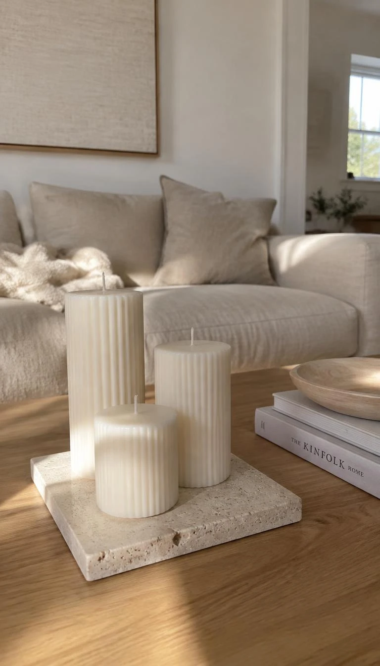 Group Three Ribbed Pillar Candles on Raw Travertine A candid, realistic iPhone photograph of a coffee table holding three ivory ribbed pillar candles of different heights sitting on an unpolished cream travertine tile, surrounded by soft afternoon daylight in a minimalist Scandinavian living room with linen cushions.