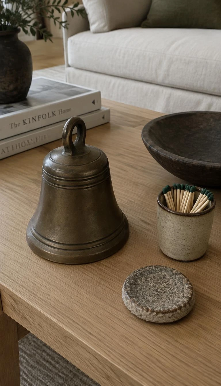 Display a Cast Bronze Bell Beside Matches in a Ribbed Cup A candid, realistic iPhone photograph of a coffee table showing a heavy cast bronze monastery bell, a stoneware match cup with dark green tips, and a textured ceramic strike pad on a light wood surface.