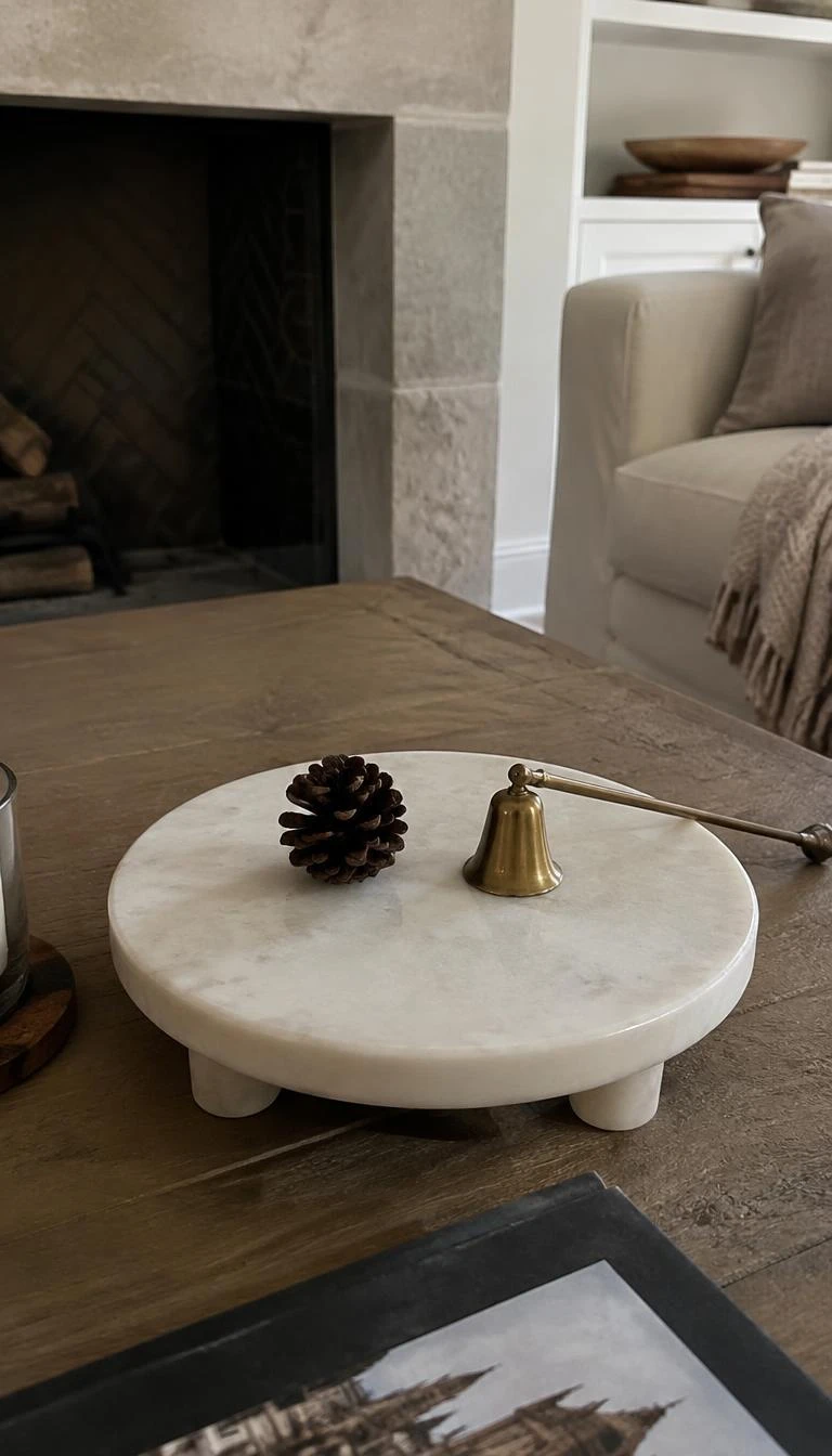 Keep It Understated with a Low Marble Pedestal A candid, realistic iPhone photograph of a coffee table with a low round white marble riser holding a single small dark pinecone and an antique brass snuffer in a serene living room.