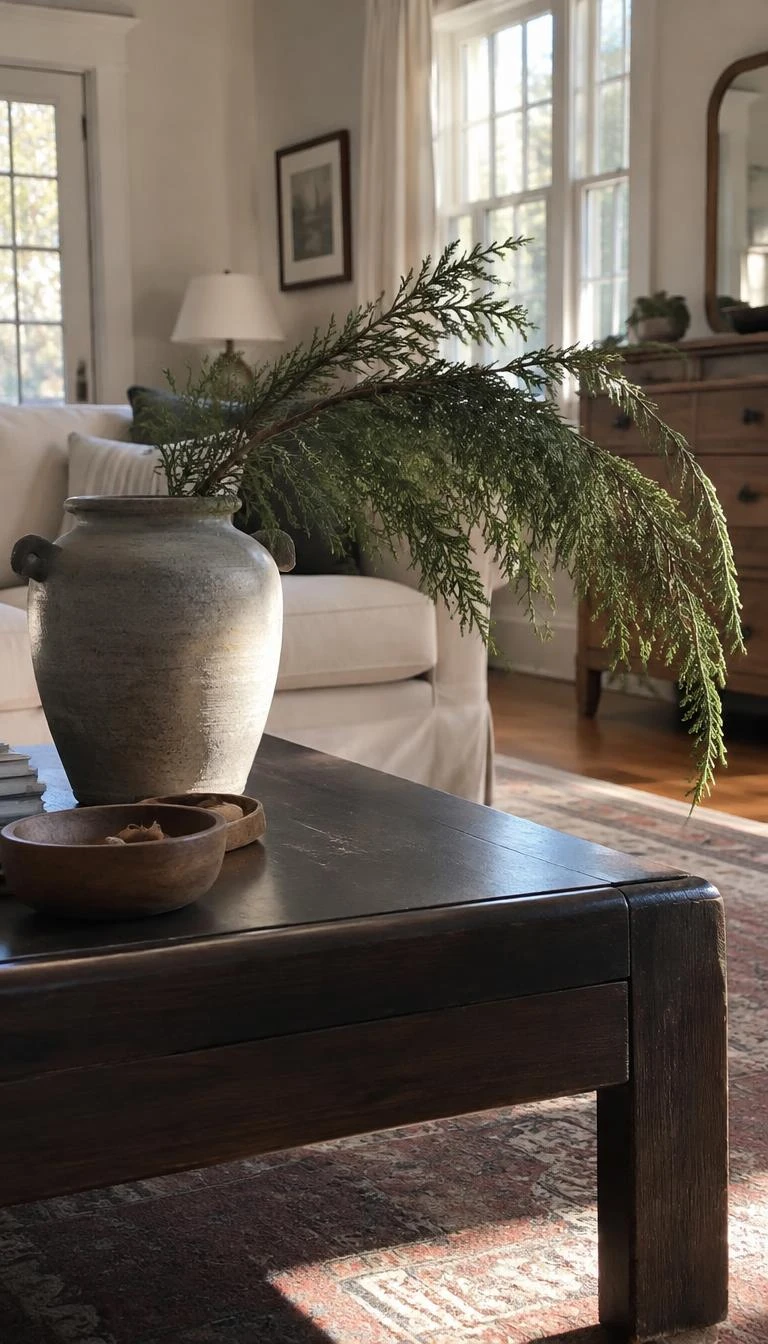 Rest a Single Cedar Branch in an Earthy Stoneware Crock A candid, realistic iPhone photograph of a coffee table holding a heavy gray stoneware crock with a single sweeping fresh cedar branch, sitting on a dark wooden table in a sunlit living room with neutral walls and a warm rug.