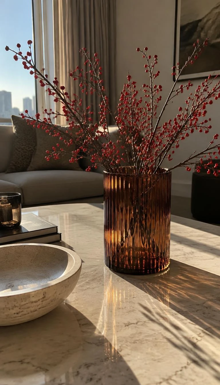 Anchor the Center with a Heavy Fluted Glass Vase A candid, realistic iPhone photograph of a coffee table holding a thick fluted amber glass cylinder vase filled with winterberry branches, casting rippling shadows on a light marble tabletop in the late afternoon sun.