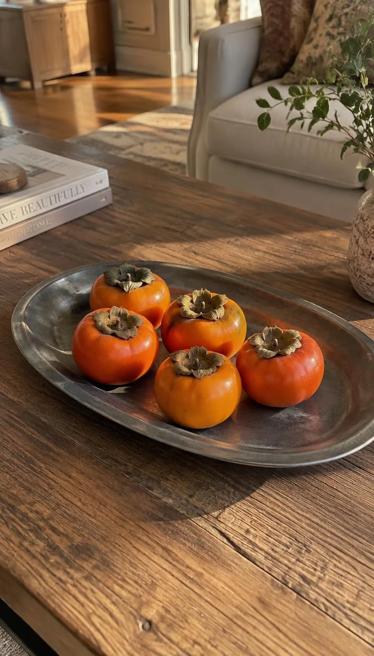 Feature Fresh Persimmons on an Oval Pewter Platter A candid, realistic iPhone photograph of a coffee table with a dull oval pewter platter holding five ripe orange persimmons with calyxes attached, resting on a rustic oak table in a warm sunlit room.