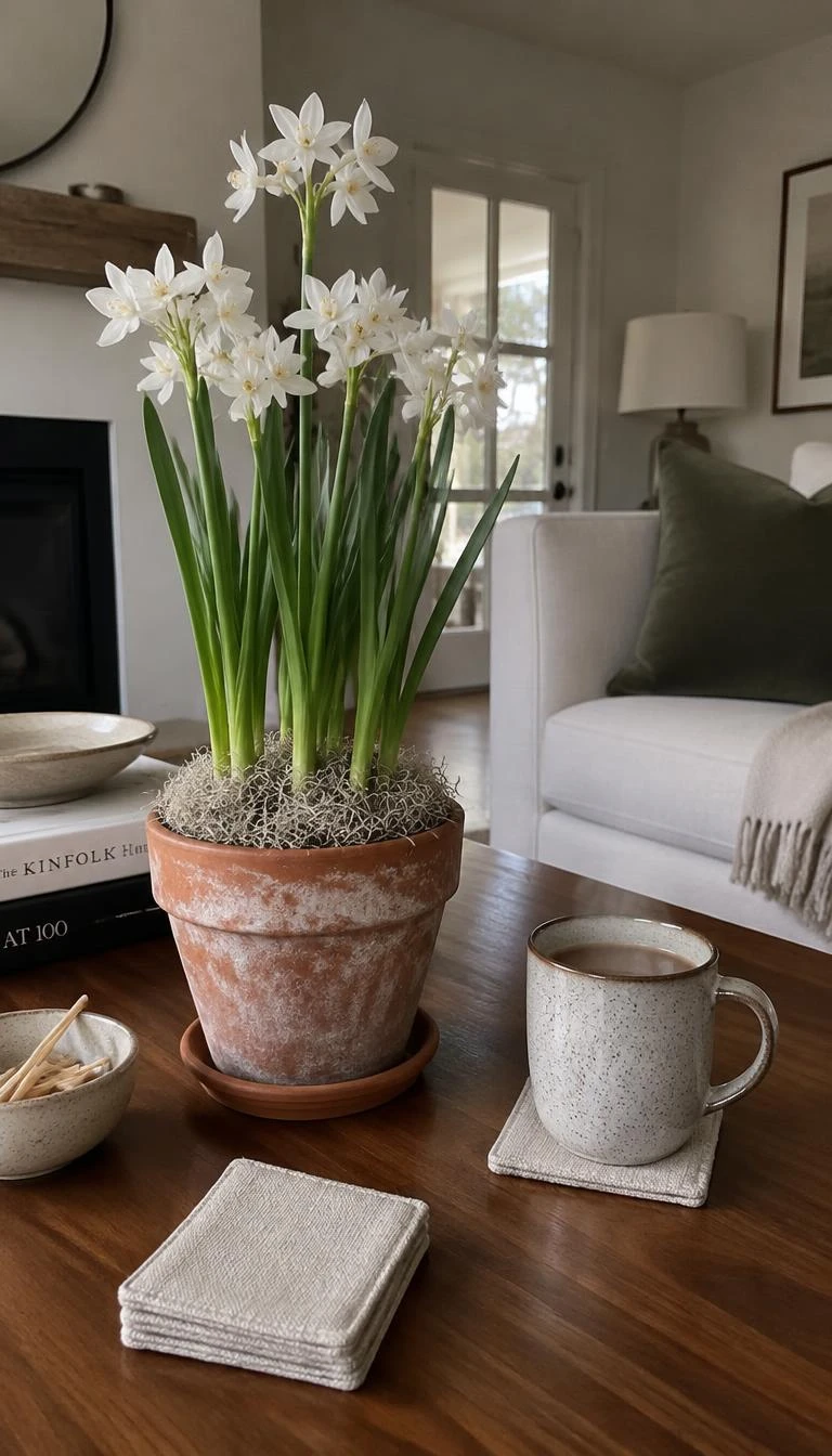Layer Paperwhites in a Weathered Terracotta Pot A candid, realistic iPhone photograph of a coffee table displaying blooming white paperwhites in an aged terracotta pot with gray moss, placed on a low walnut coffee table with linen coasters and a steaming ceramic mug nearby.
