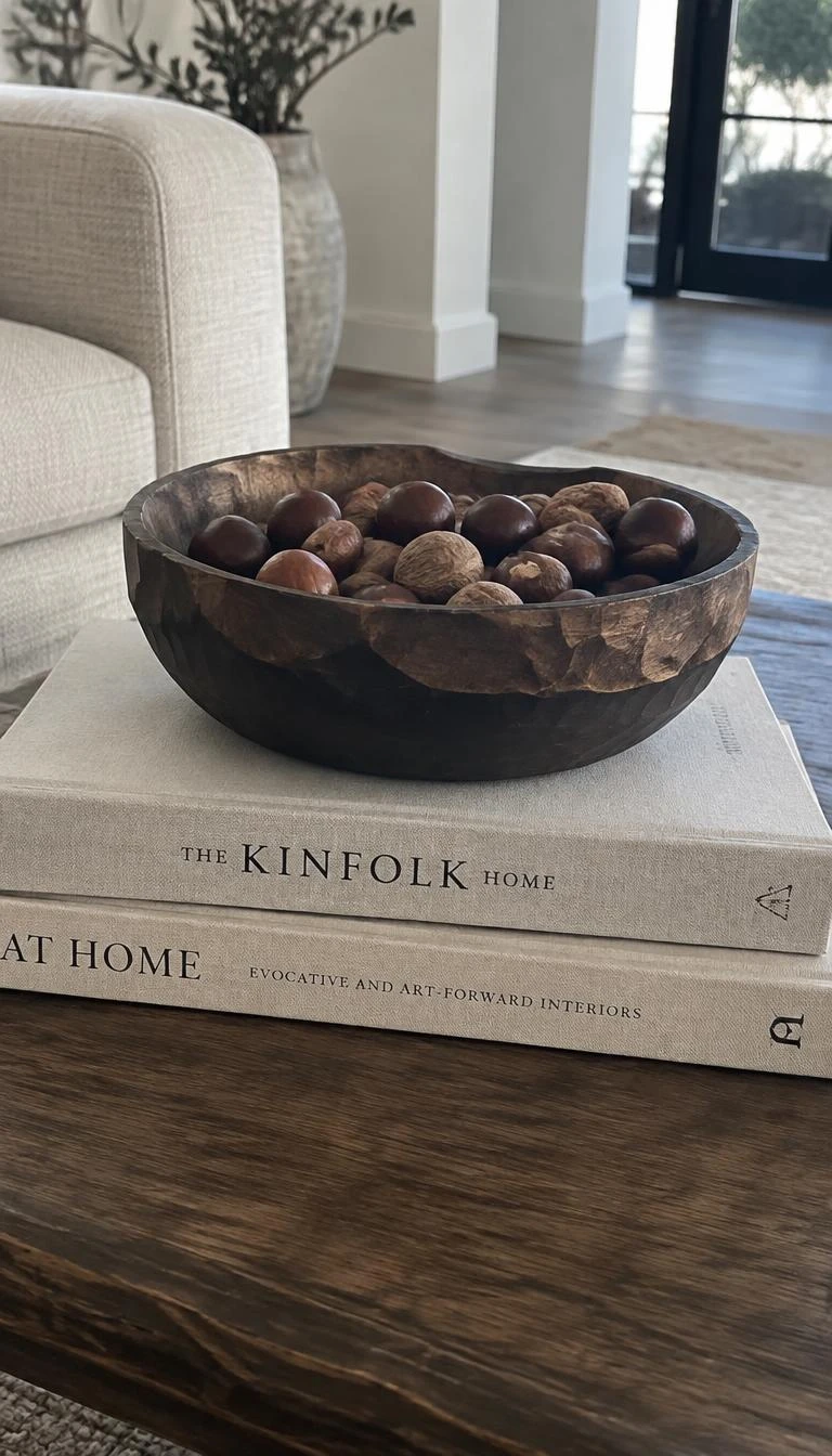 Stack Hardcover Art Books Beneath a Carved Wooden Bowl A candid, realistic iPhone photograph of a coffee table featuring two thick linen art books stacked flat, topped with a hand carved dark wood bowl filled with dried whole chestnuts and nutmeg pods in natural light.