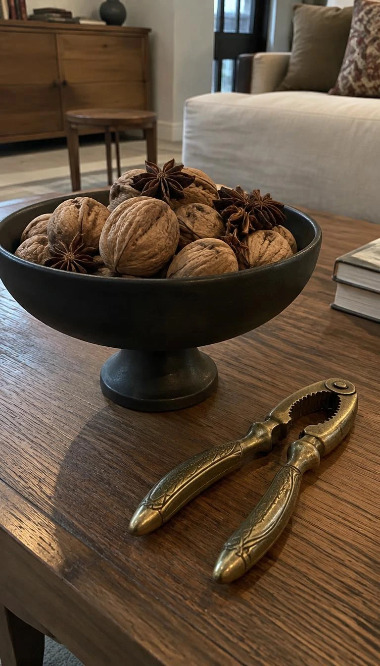 Fill a Low Footed Bowl with Whole Walnuts and Dried Star Anise A candid, realistic iPhone photograph of a coffee table with a matte black footed ceramic compote bowl filled with unshelled walnuts and whole star anise, sitting beside an antique brass nutcracker on an oak table.