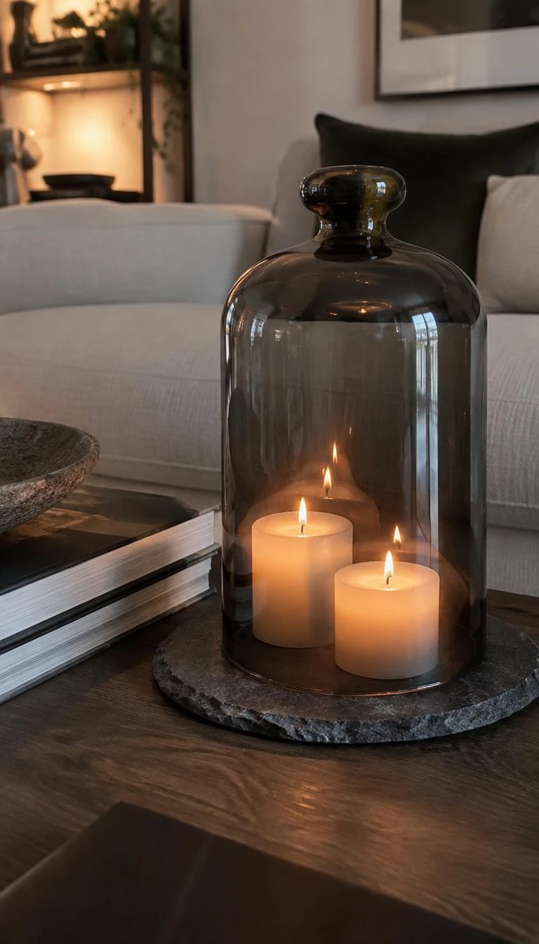 House Slow Burning Votives Inside a Smoked Glass Cloche A candid, realistic iPhone photograph of a coffee table with a tall smoked charcoal glass cloche covering two lit soy votive candles, sitting on an unpolished slate coaster with a warm glow.