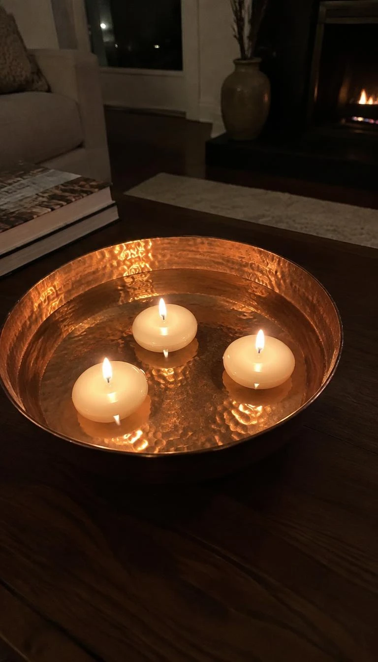 Place Floating Wax Votives in a Wide Copper Basin A candid, realistic iPhone photograph of a coffee table with a shallow hammered copper bowl holding water and three lit floating wax disc candles reflecting on the metal surface in dim evening lighting.