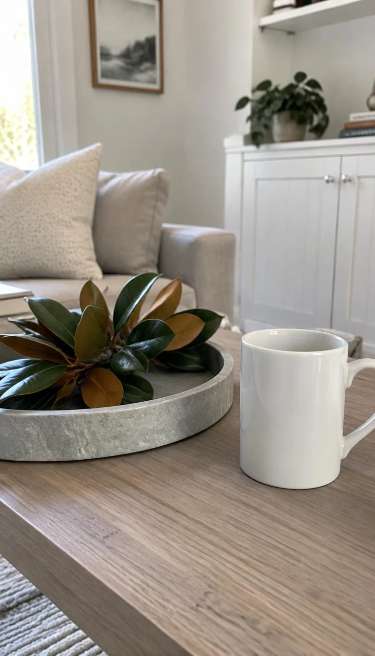Contrast Glossy Evergreen Leaves with Chalky Soapstone A candid, realistic iPhone photograph of a coffee table displaying thick glossy magnolia leaves inside a shallow pale gray soapstone tray beside a simple white ceramic mug in a bright living space.