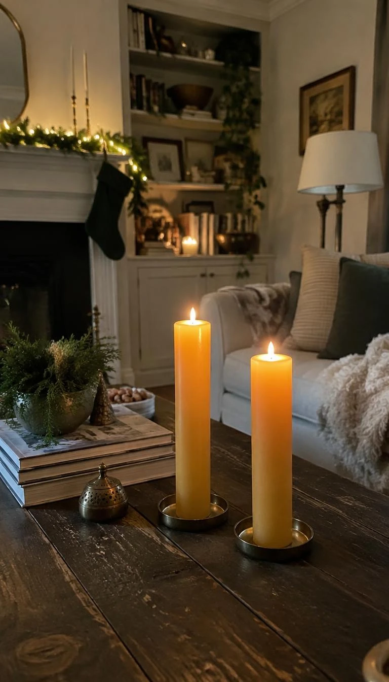 Frame the Surface with Hand Dipped Beeswax Pillars A candid, realistic iPhone photograph of a coffee table with two tall honey colored beeswax pillar candles resting on small brass saucers on a dark rustic table in a cozy holiday living room.