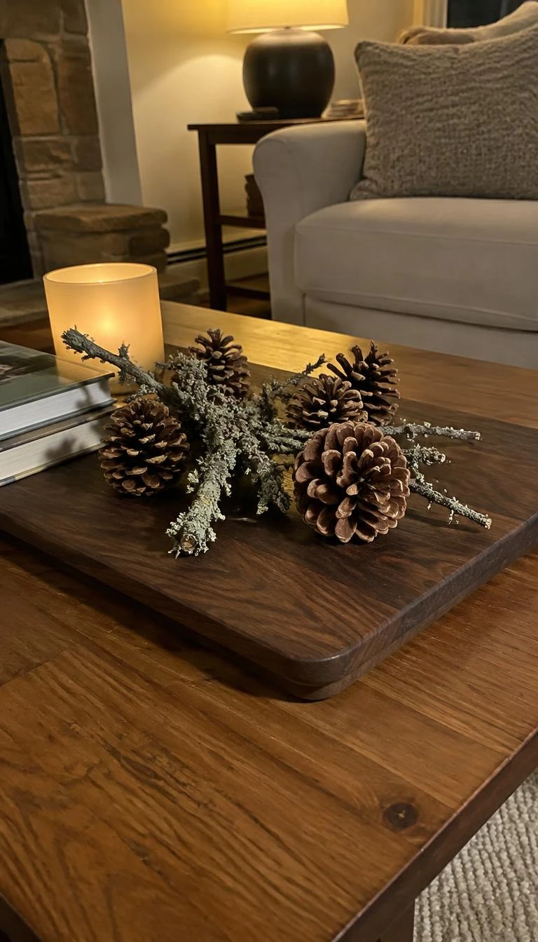 Scatter Bleached Pinecones Across a Dark Walnut Board A candid, realistic iPhone photograph of a coffee table with a dark walnut board displaying several natural pale pinecones and small gray lichen twigs under gentle lamplight in a cozy living room.