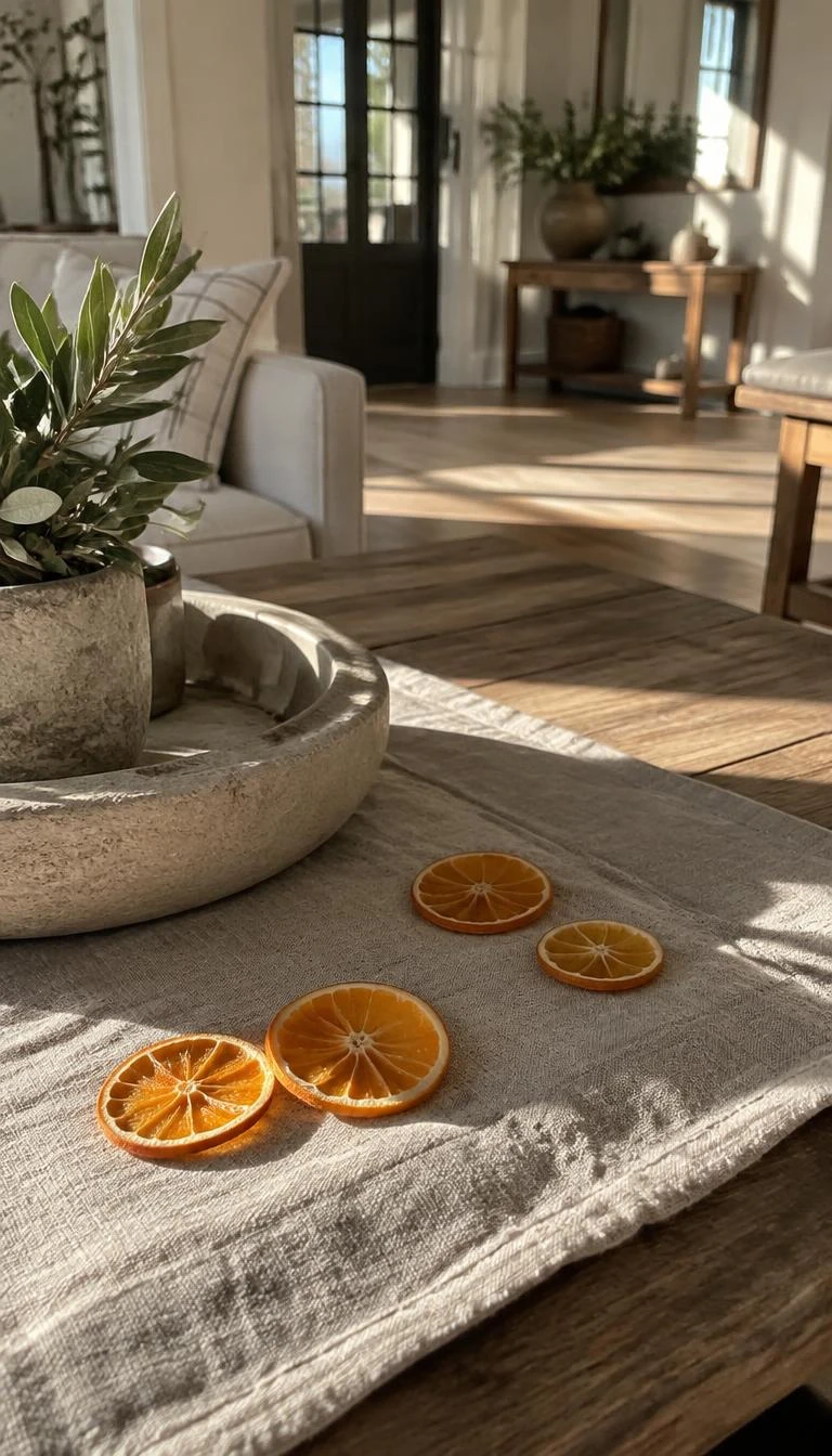 Pair Dried Orange Slices with Raw Linen Table Runners A candid, realistic iPhone photograph of a coffee table showing an oatmeal raw linen runner with five translucent dehydrated orange slices scattered near a stone dish in a sunlit modern farmhouse room.
