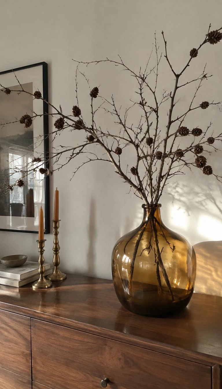 A candid, realistic iPhone photograph of a dining room sideboard, featuring a large amber glass jug filled with bare European larch branches carrying tiny cones, quiet winter sunlight.