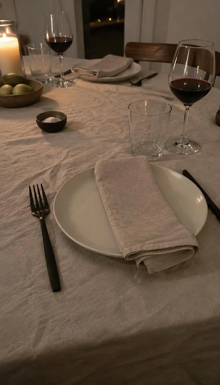 A candid, realistic iPhone photograph of a dining table setting, with a wrinkled unbleached oatmeal linen tablecloth, white stoneware plates, matte black flatware, soft indoor evening lighting.