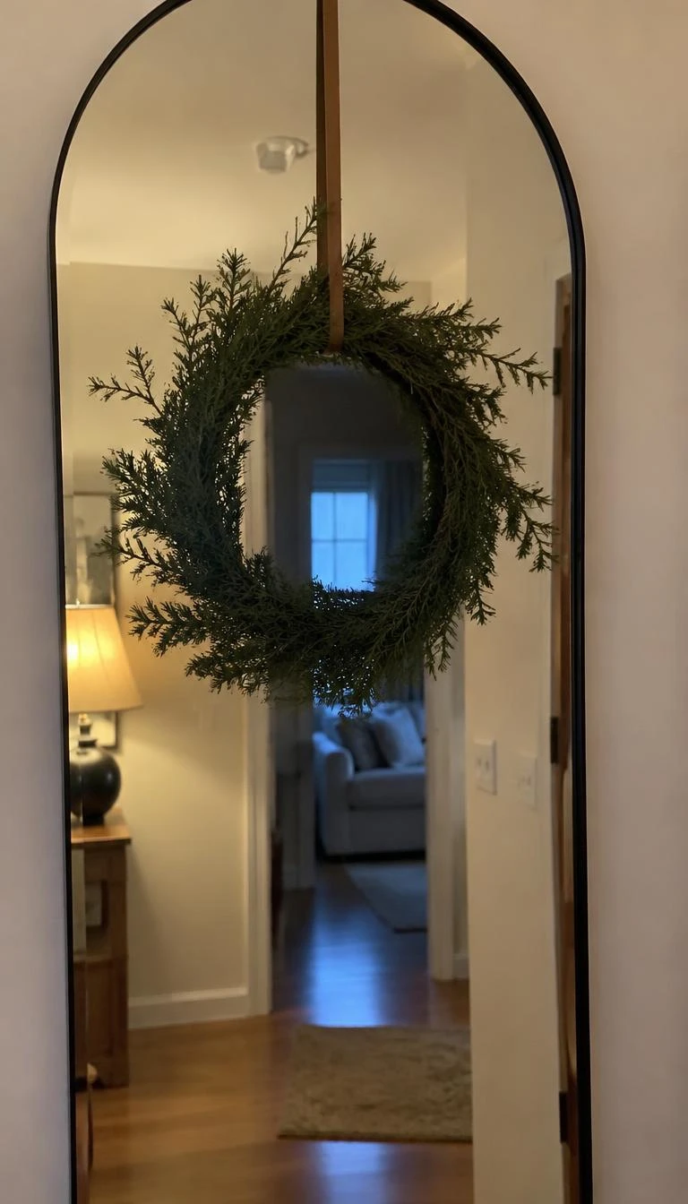 A candid, realistic iPhone photograph of a hallway mirror, showing a sparse green juniper wreath hung directly on the glass with thin brown cord, warm entryway lighting.