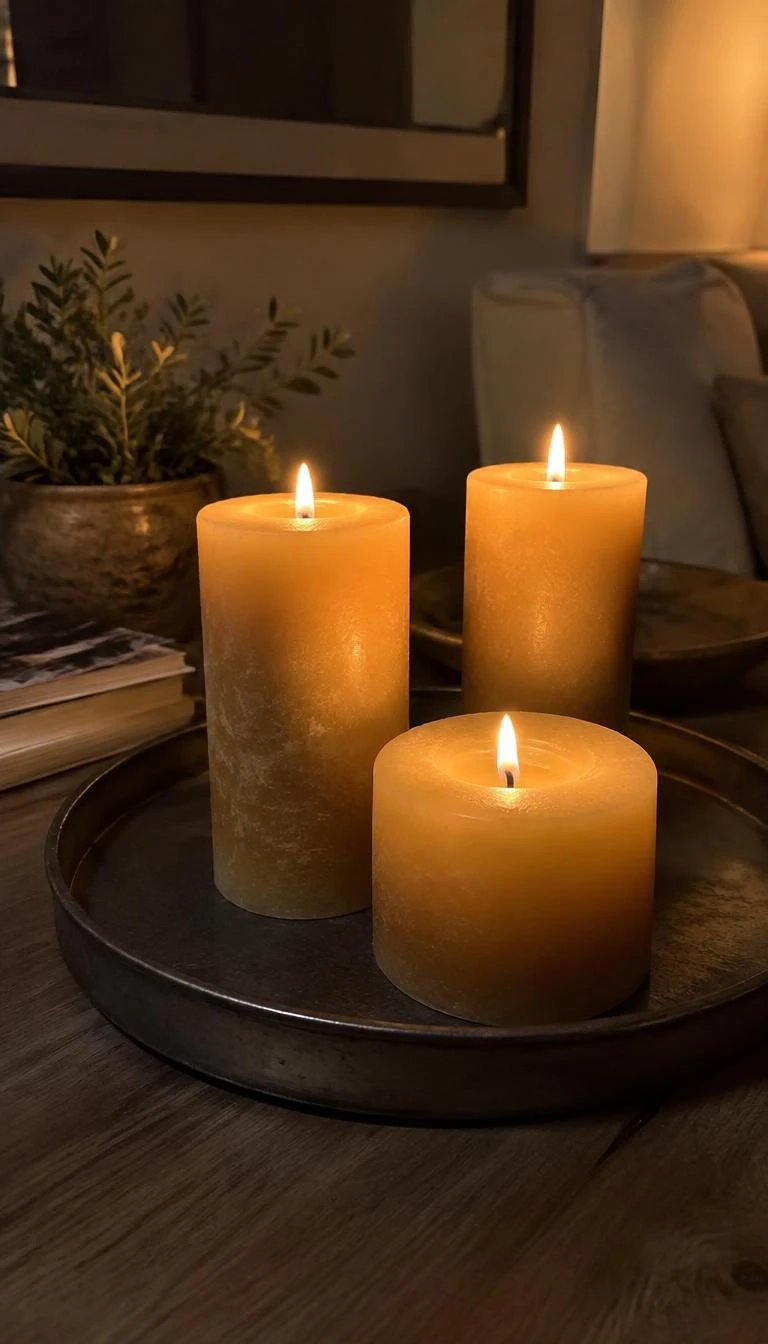A candid, realistic iPhone photograph of a side table, showing three varied beeswax pillar candles on a dark zinc tray, gentle yellow flames, warm ambient evening interior.