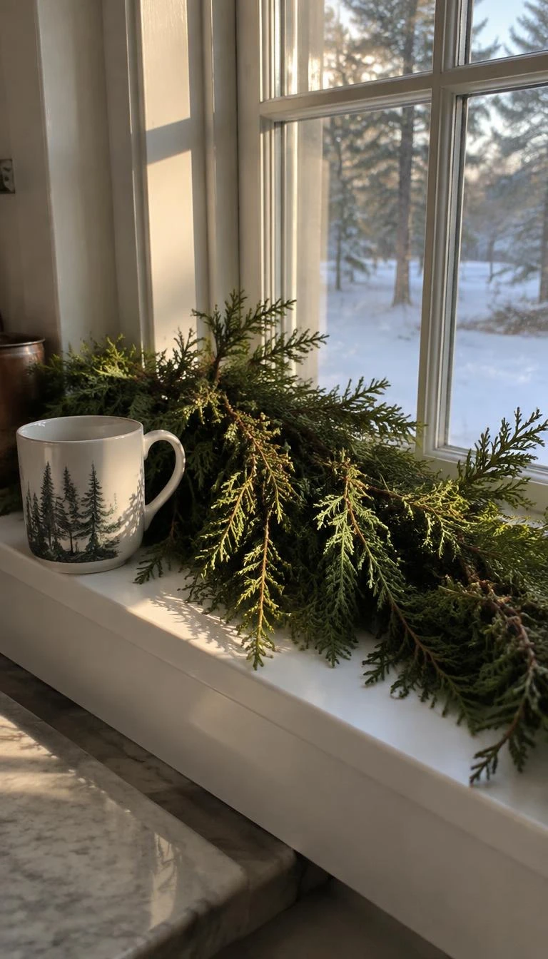 A candid, realistic iPhone photograph of a kitchen window sill, showing a thick garland of real western red cedar resting on white paint, low winter morning light, a simple porcelain mug beside it.