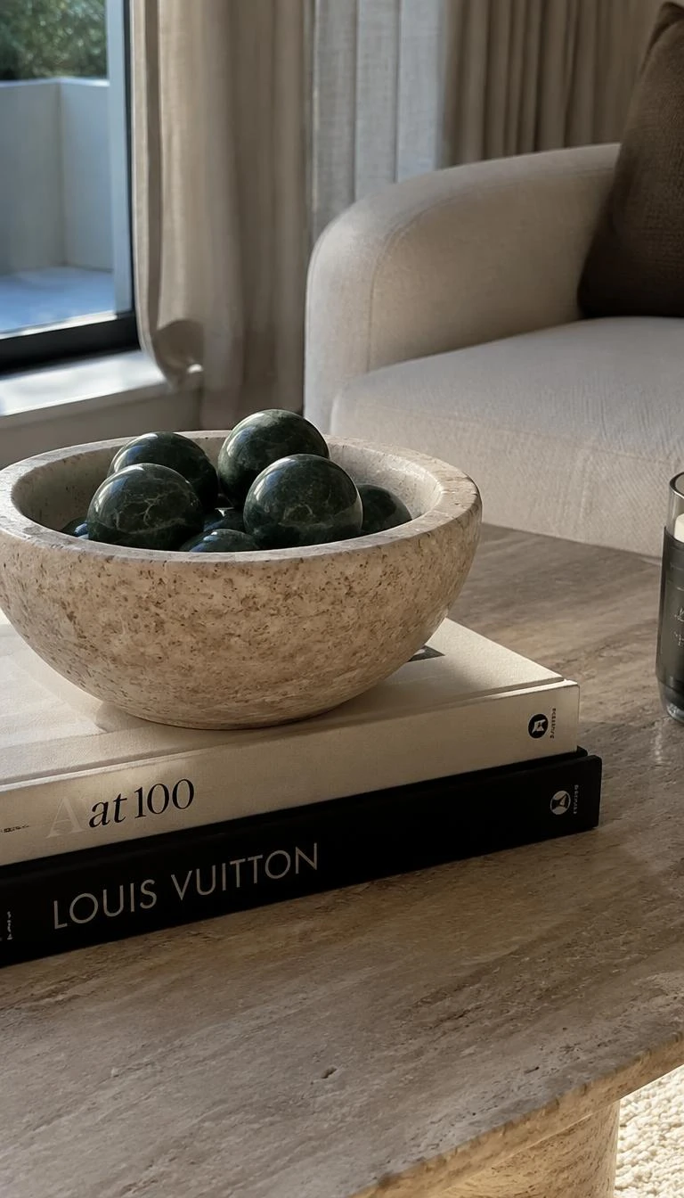 A candid, realistic iPhone photograph of a coffee table, with a hand carved travertine bowl filled with solid green marble spheres, art books underneath, soft afternoon window light.