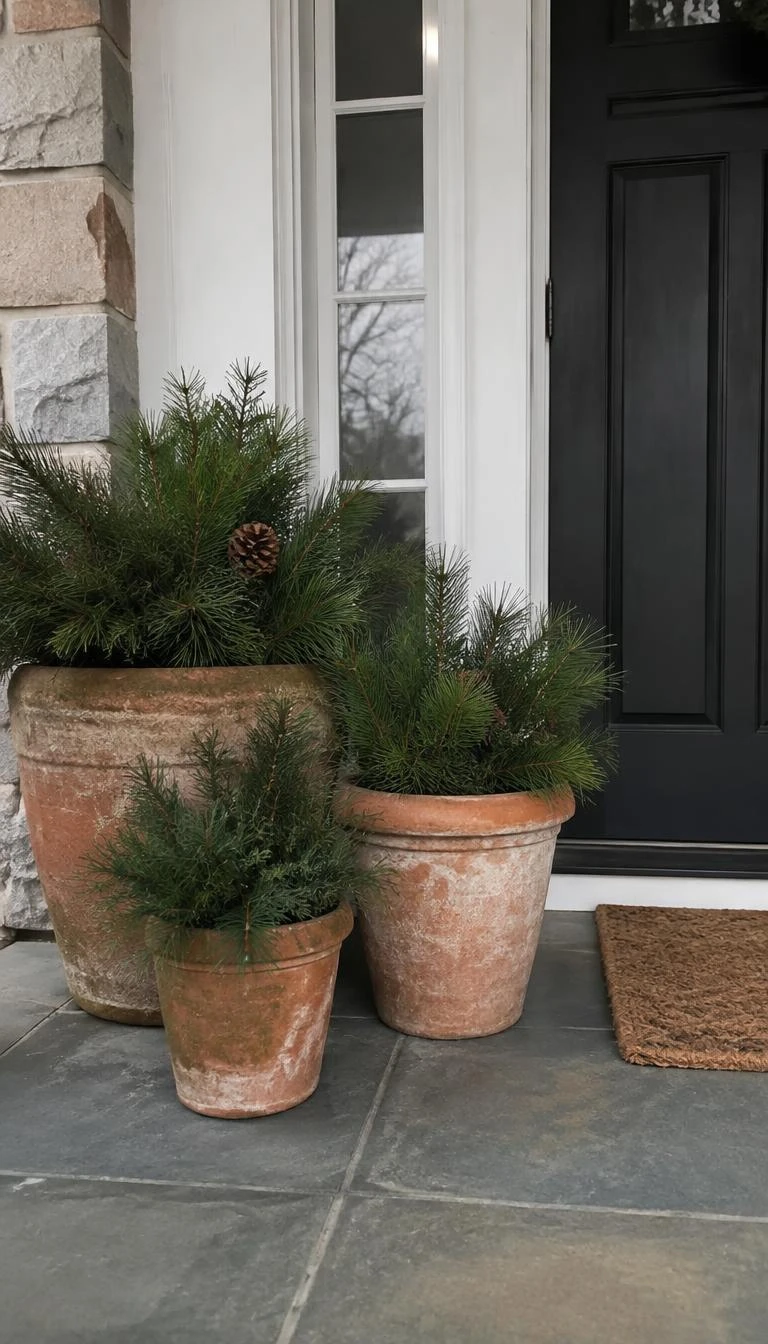 A candid, realistic iPhone photograph of a front entryway porch, featuring three aged terracotta planters holding fresh scotch pine boughs, slate tile floor, cold overcast exterior daylight.